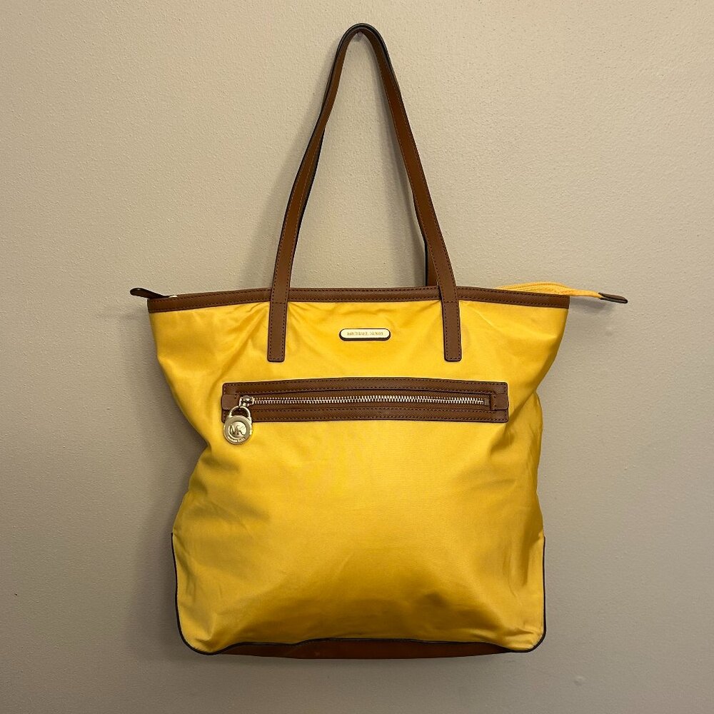 Michael Kors Kempton Sun Golden Yellow Nylon Tote Bag Leather Straps